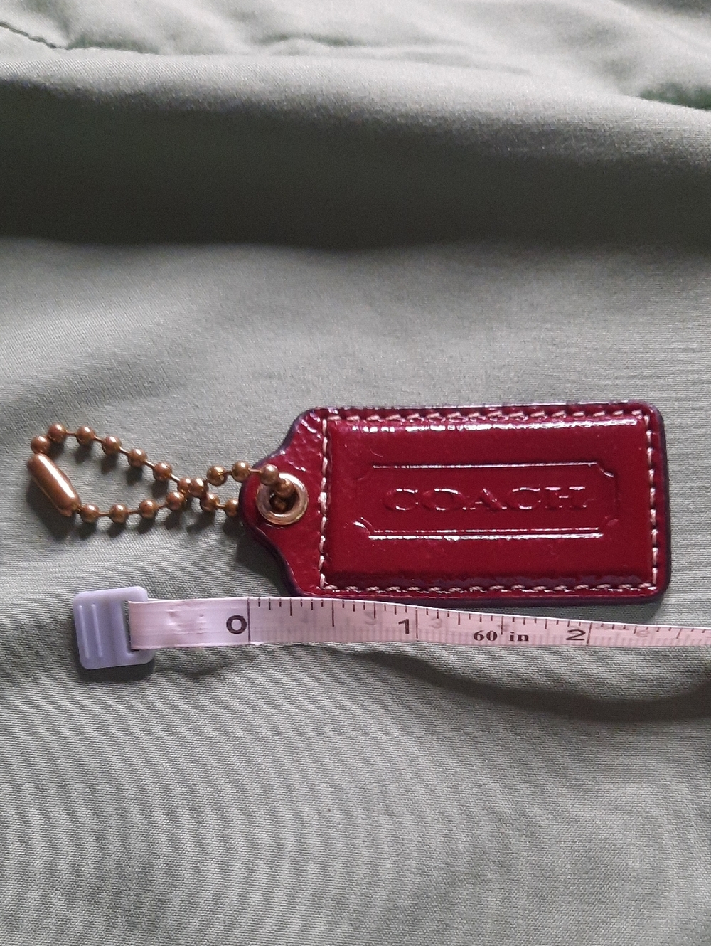 Coach Shiny Red Patent Leather Key Tag with Brass Chain